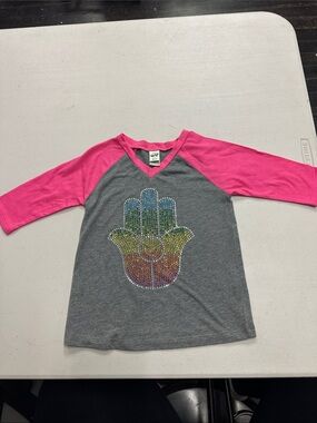 Kavio Pink Sleeve Gray Hamsa Rhinestone Raglan Tee - Size 3
